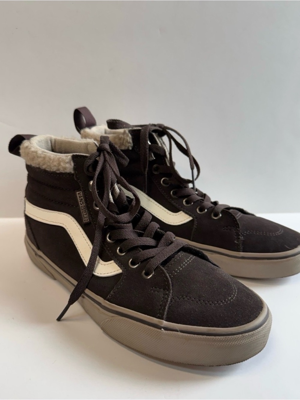 Vans High-Top Shearling-Trim Sneakers in Brown & Cream